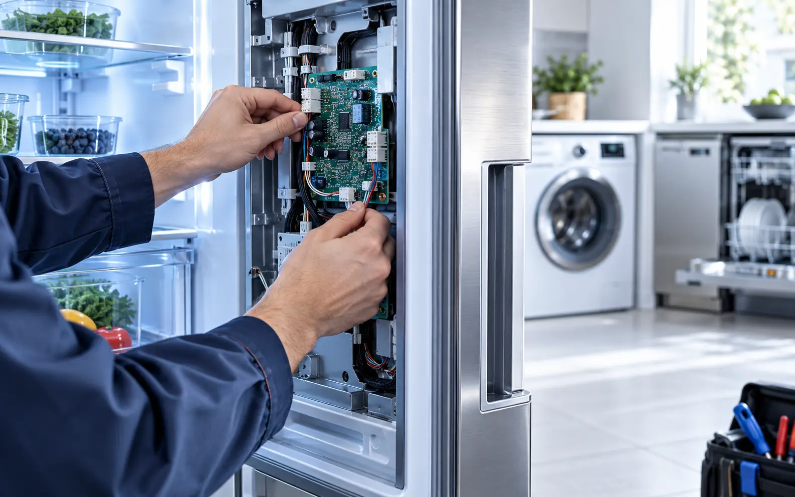 Bursa buzdolabı servisi için buzdolabı elektronik kartını kontrol eden teknisyen